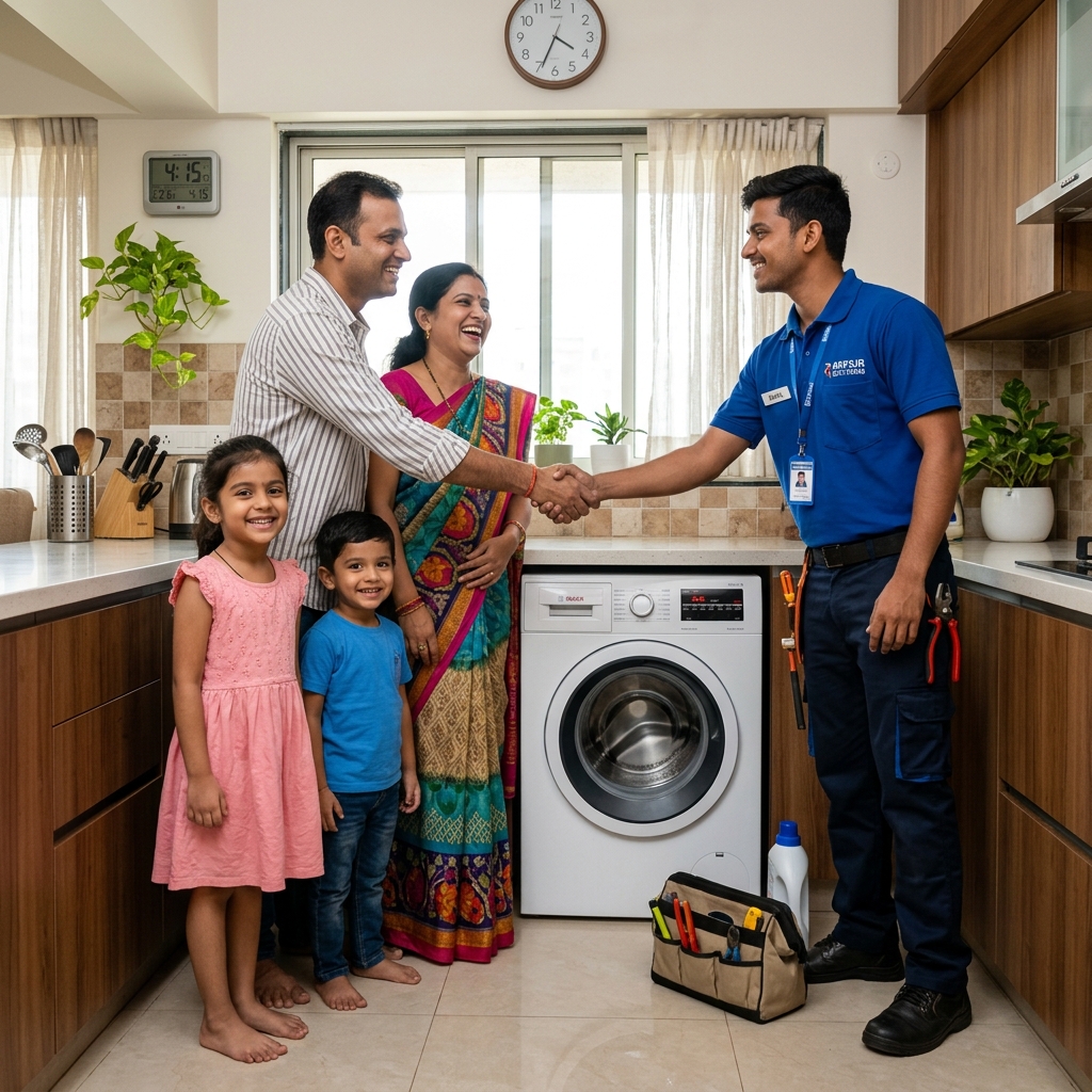 Happy customer with technician