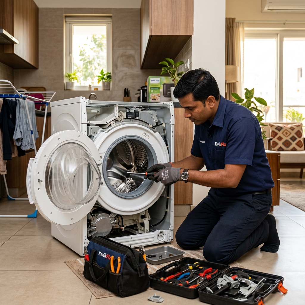 Professional technician repairing washing machine at home in Pune